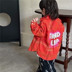 Boys' long-sleeved shirts 2024 new autumn clothing for children street style red plaid shirt baby children's clothing tops