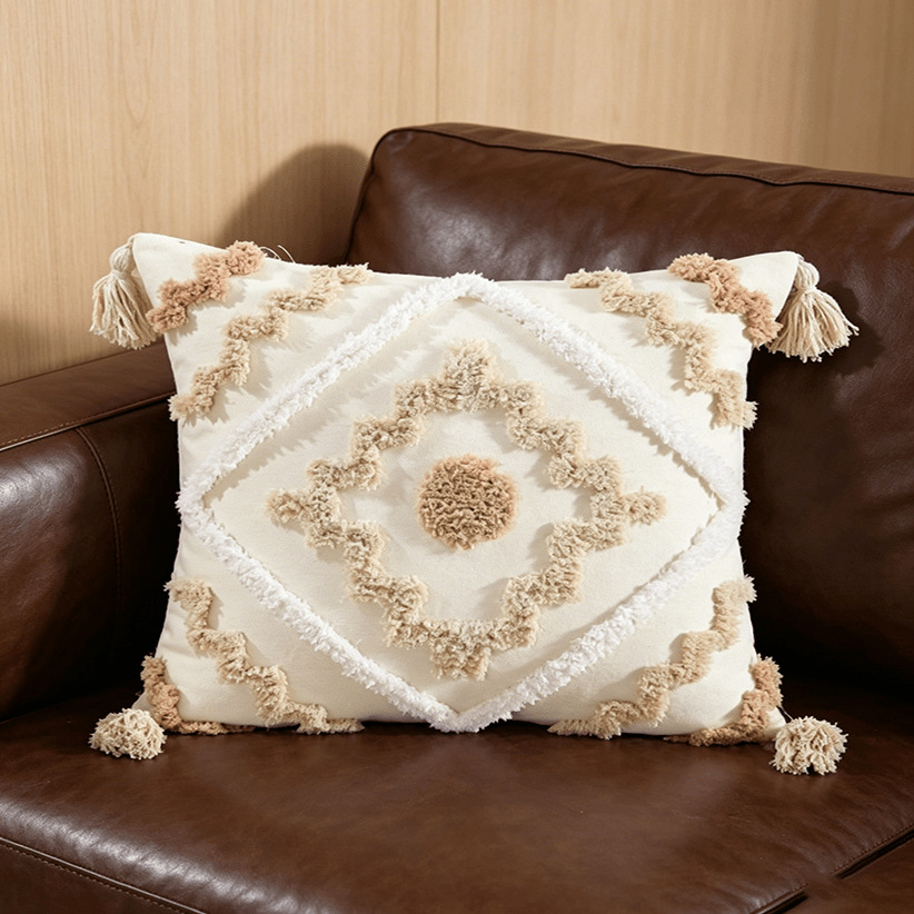 Cream lienzo bordado funda de almohada estilo nórdico ligero lujo cojín de sofá geométrico decoración de hoteles residencial funda de almohada