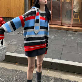 韩系穿搭可拆卸连帽条纹毛衣女秋冬季加厚慵懒风高级感针织衫上衣