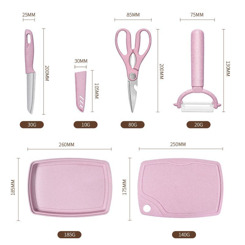 Cuchillo de corte de vegetales para bebés, set de cinco piezas, tablero de escritorio doméstico, cuchillo de frutas para niños, dormitorio, tablero de corte de paja