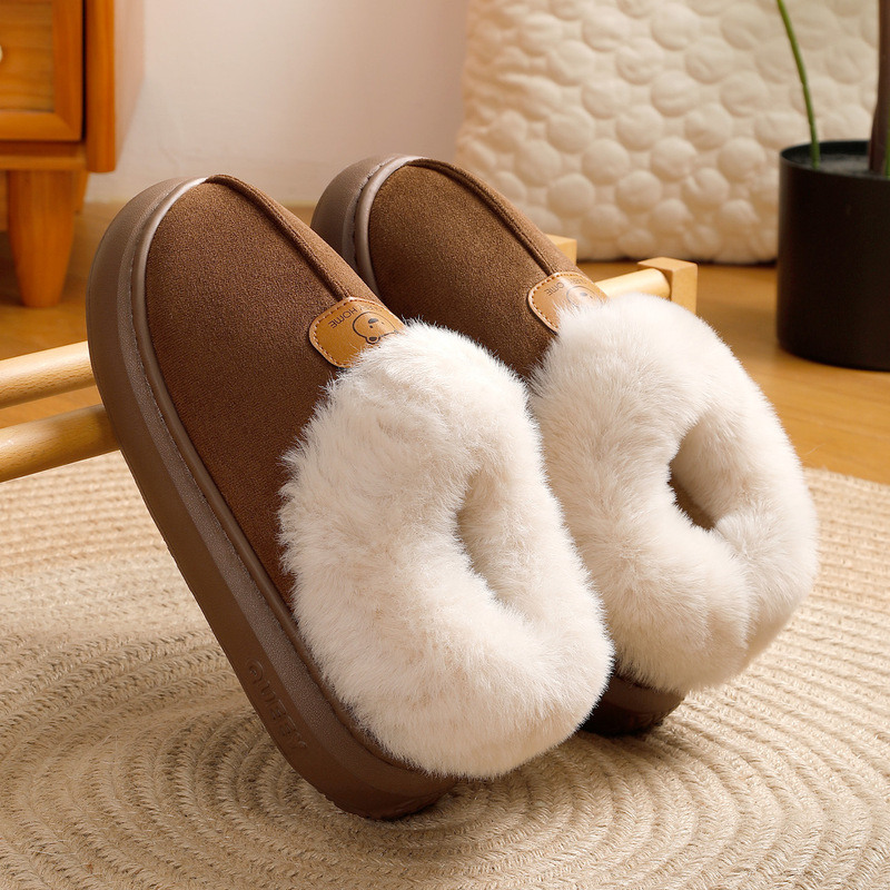 Suede Plush Cotton Slippers for Women, Home Warm Fleece-Lined Indoor Thick-Soled Non-Slip Cotton Shoes for Men, Outer Wear