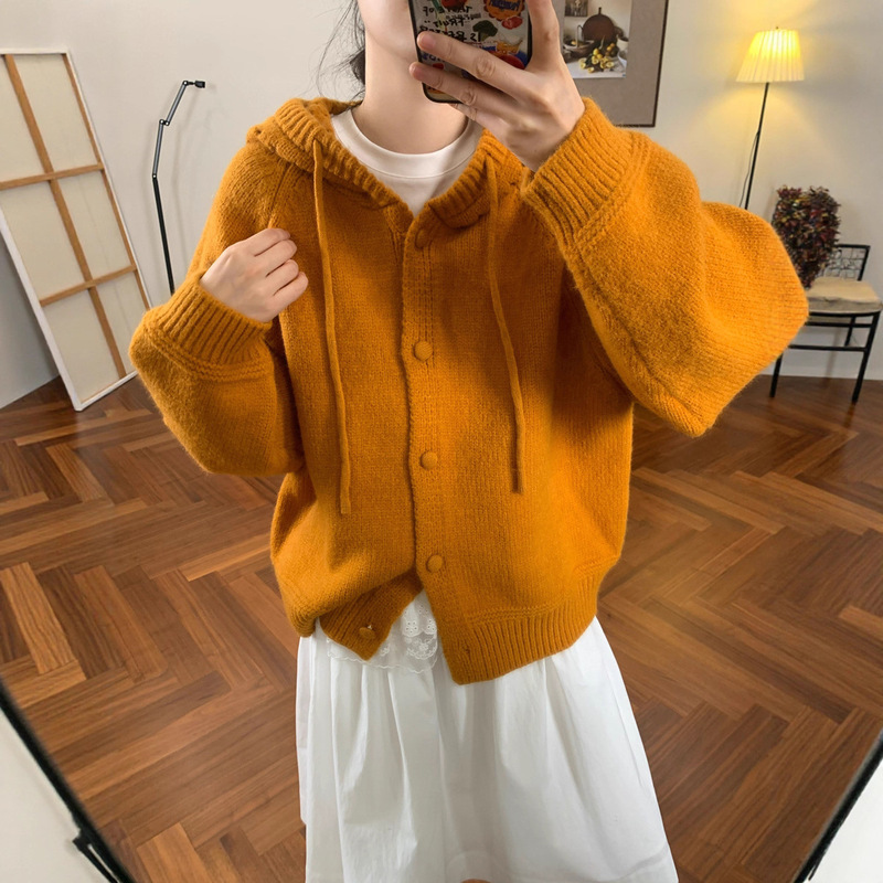 韩系加厚纯色连帽毛衣外套女复古秋冬新款显白百搭慵懒针织衫上衣|undefined