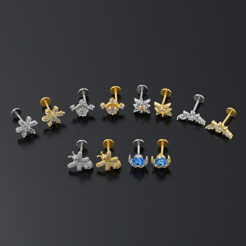 Cross-border best-selling flat bottom earrings, stainless steel rods, pierced threaded ear bone nails, micro-inlaid zircon geometric lip nails for women