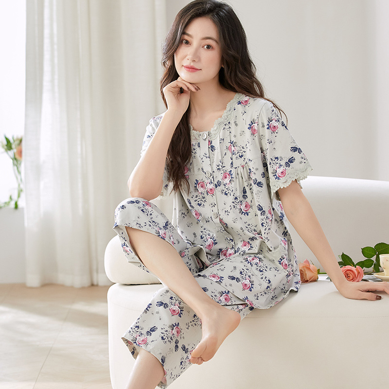 Physical Store high quality Modal Cotton Pajamas Women's Summer Pullover Short-sleeved Cropped Pants Loose Casual Outwear