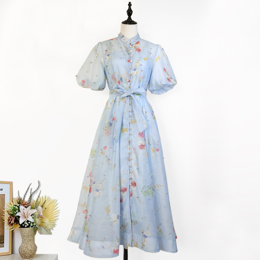 Đầm maxi nữ thắt eo cổ đứng tay lồng đèn đính đá phong cách Pháp — Màu trơn xanh lam, Màu trơn trắng, Hoa xanh da trời, Hoa hồng đậm chi tiết 13