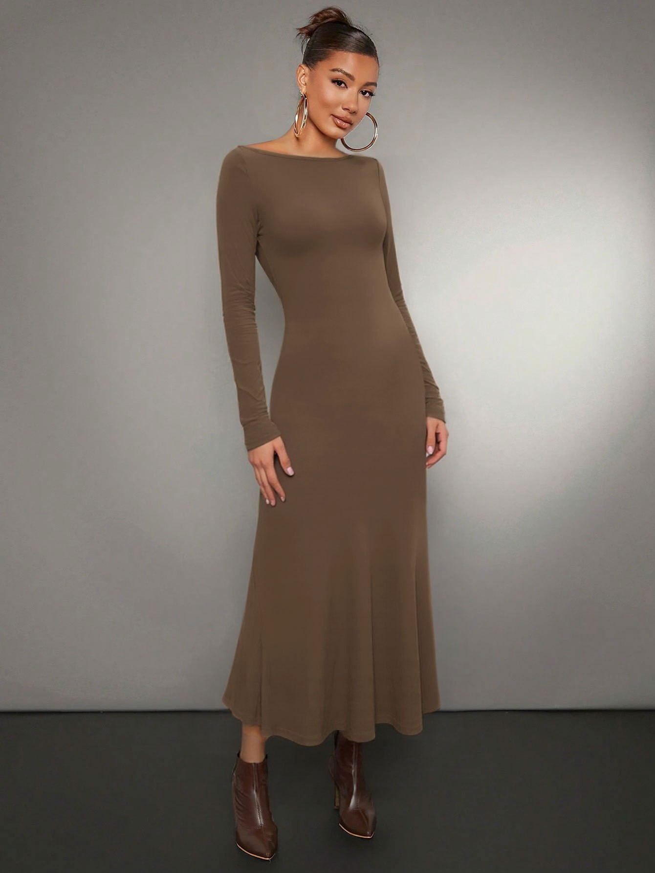 Women's Slim Fit Long-Sleeve Midi Solid Color Bodycon Dress