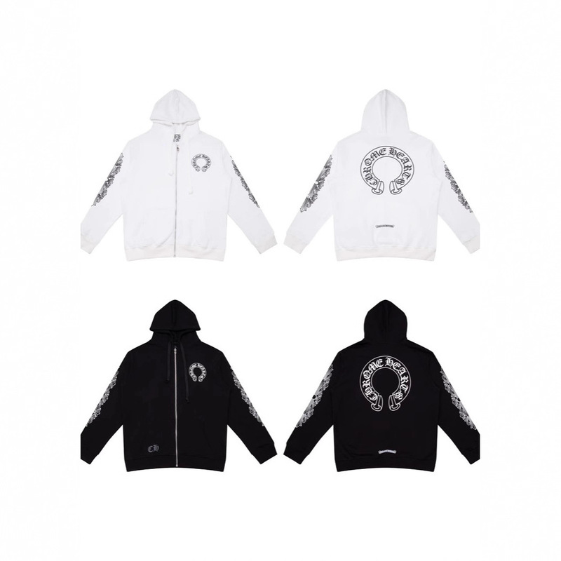 25S Cross-Border Chrome Heart Classic Printed Sanskrit Cross Horseshoe Flower Zipper Hooded Sweatshirt