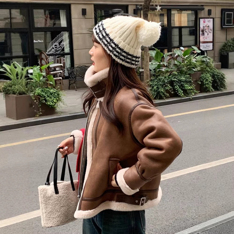 【Vintage Distressed Style】Women's Sheepskin Fur Coat Suede Retro Biker Jacket Fur Coat