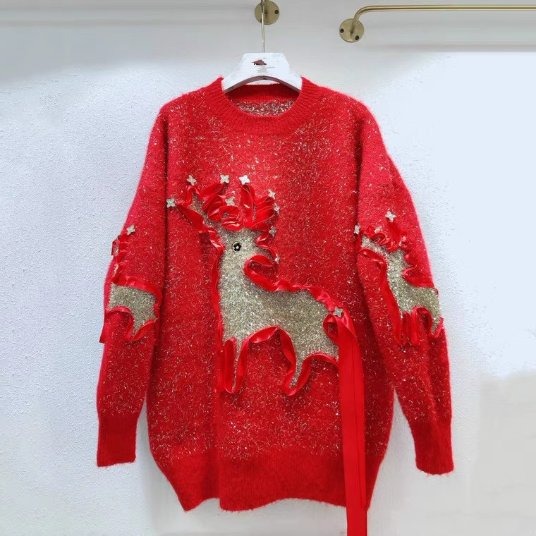 圣诞小鹿套头毛衣女 新款大码洋气百搭针织上衣慵懒风加厚打底衫