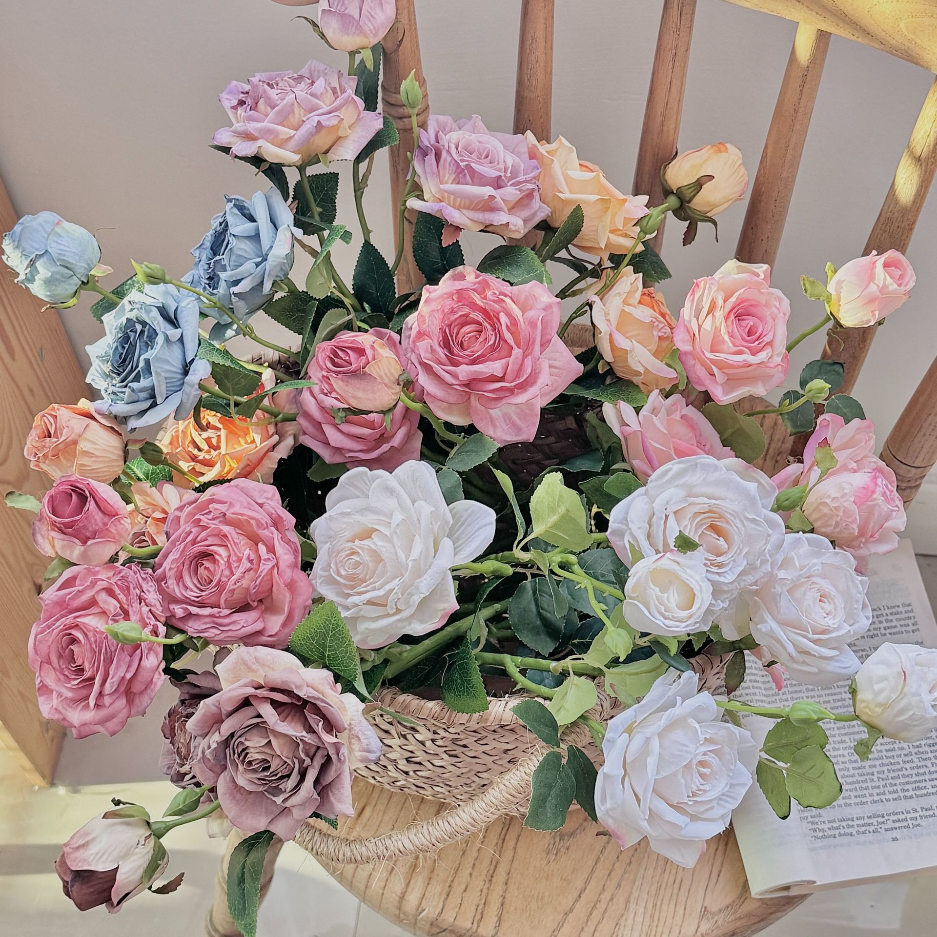 Vintage Burnt-Edge Three-Headed Rose Oil Painting-Style Artificial Flower Bouquet Fake Flower Vase Decoration Photo Props