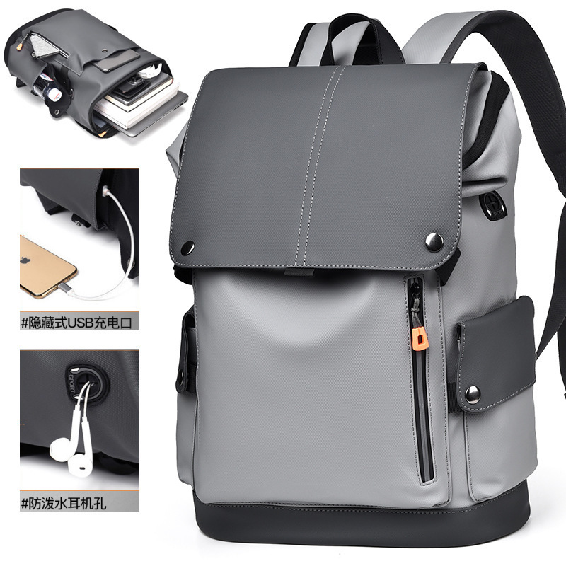 Cross-Border New Business Backpack for Men, Large Capacity Travel Laptop Bag, Functional Workwear Bag, Trendy Pu Leather