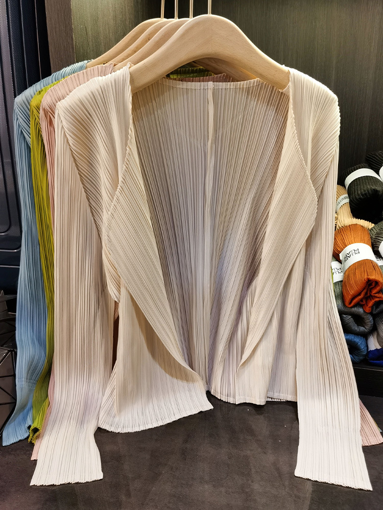 Áo cardigan nữ tay dài xếp ly không cài khuy, phong cách đơn giản cao cấp mùa xuân hè — Màu xanh lam nhạt, Màu đen, Xanh Lông Công, Màu hồng