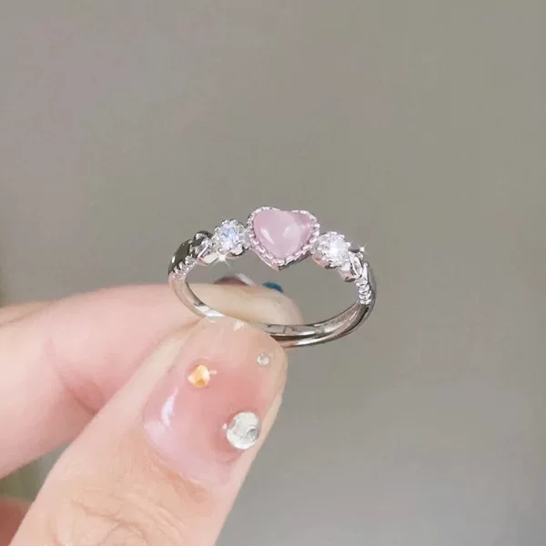 Pink Love Ring Women's Girly Sweet Cute Niche Design Heart-shaped Adjustable Opening Ring