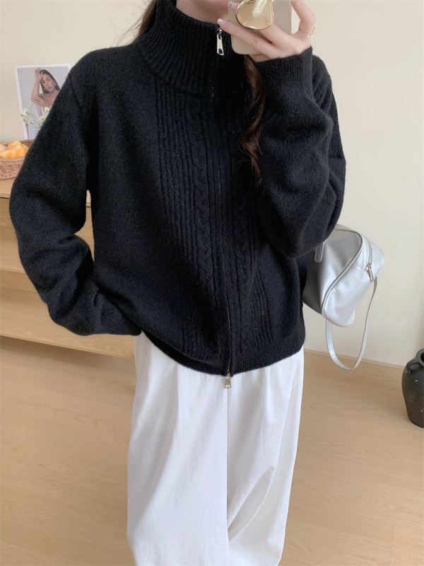 秋冬新款韩版简约立领麻花双拉链针织开衫女跨境宽松慵懒毛衣外套|undefined