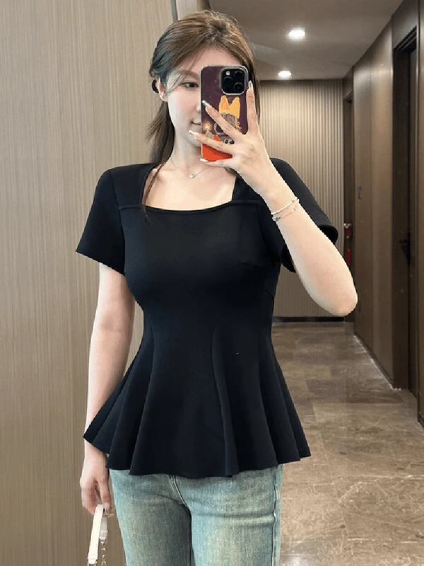120kg 大きいサイズスクエアネックショルダー半袖 Tシャツ女性の夏の太った mm お腹カバー痩身フリルトップフィッシュテールスカート|undefined