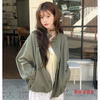 chic秋季宽松落肩抽绳复古做旧立领工装外套