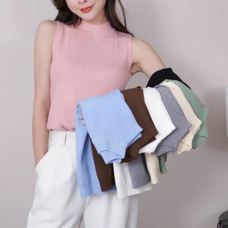 Real Shot/Ice Cool Silk Slim-Fit Sleeveless Knit Half High Neck Solid Color Base Shirt Women's Inner Sweater Vest Top