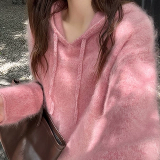 慵懒风连帽羊毛针织衫秋冬季女宽松套头毛衣加厚保暖软糯长袖上衣