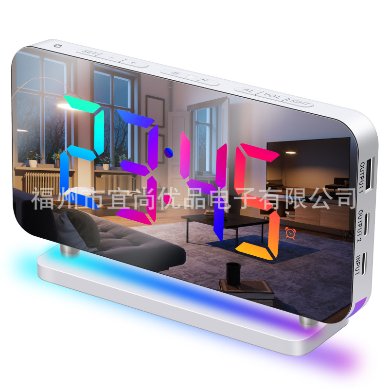 2024アマゾン国境を越えた新型RGB自慢大画面LED電子時計七彩小夜灯鏡像目覚まし時計|undefined