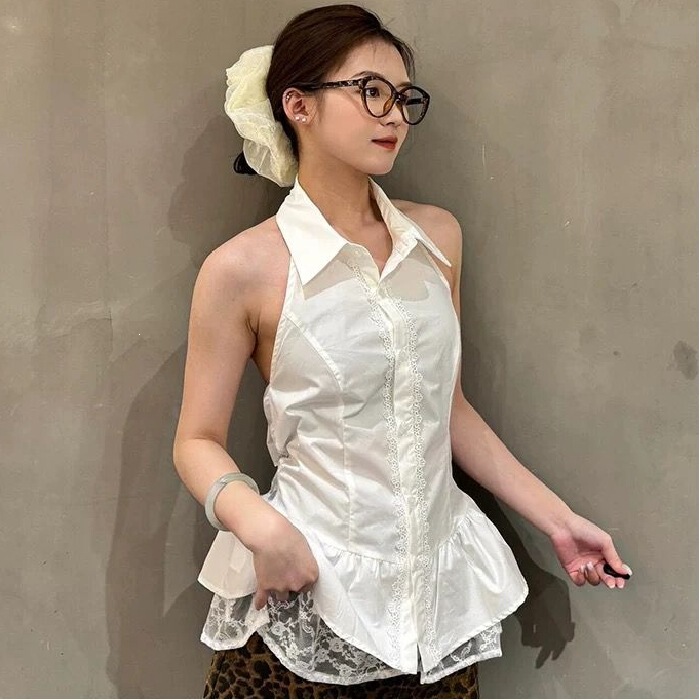 Korean Style Halter Neck Backless Camisole Shirt Summer New Simple Lace Splicing Fake Two-Piece Sleeveless Top for Women Korean Style Halter Neck Backless Camisole Shirt Summer New Simple Lace Splicing Fake Two-Piece Sleeveless Top for Women