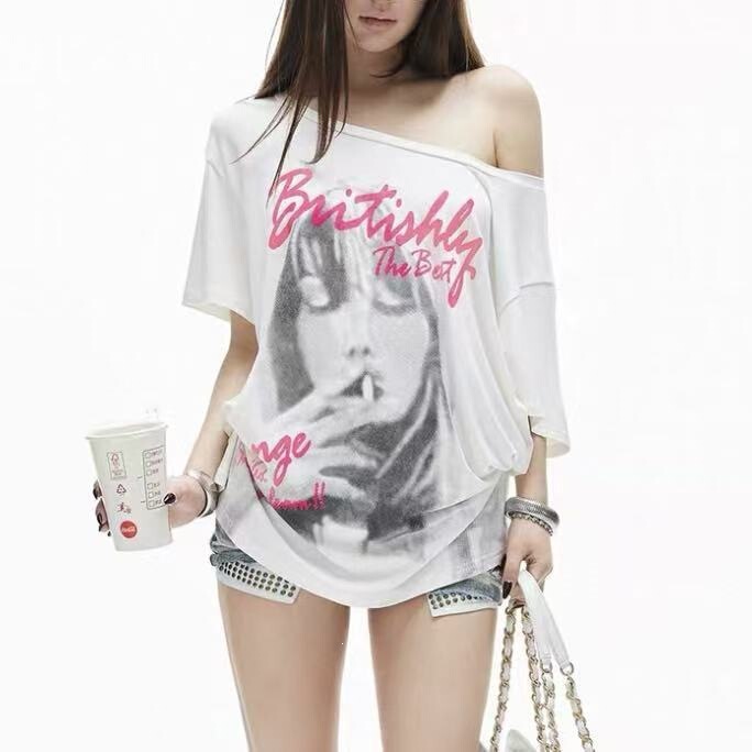 Off-The-Shoulder T-Shirt with Side Slits, Skin-Friendly, Mid-Sleeve, Relaxed Fit, Flowy, Side Print, White Portrait Design, Loose Fit, Stretchy, Asymmetrical Shoulder Off-The-Shoulder T-Shirt with Side Slits, Skin-Friendly, Mid-Sleeve, Relaxed Fit, Flowy, Side Print, White Portrait Design, Loose Fit, Stretchy, Asymmetrical Shoulder