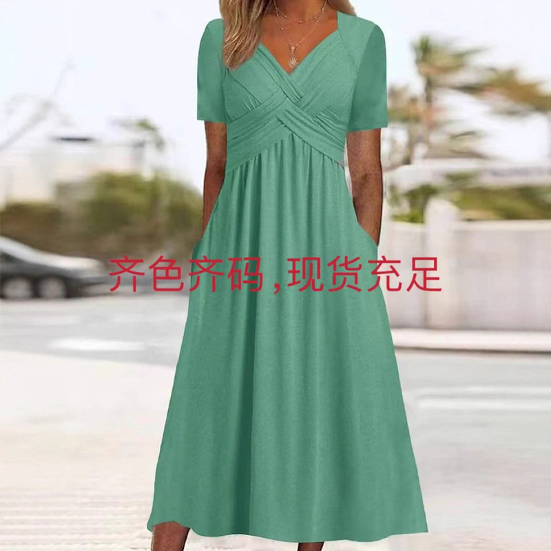 2025 Cross-Border Aliexpress New Dress Autumn Style Elegant Women's Pullover Solid Color Short-Sleeve Round Neck Umbrella Skirt 2025 Cross-Border Aliexpress New Dress Autumn Style Elegant Women's Pullover Solid Color Short-Sleeve Round Neck Umbrella Skirt