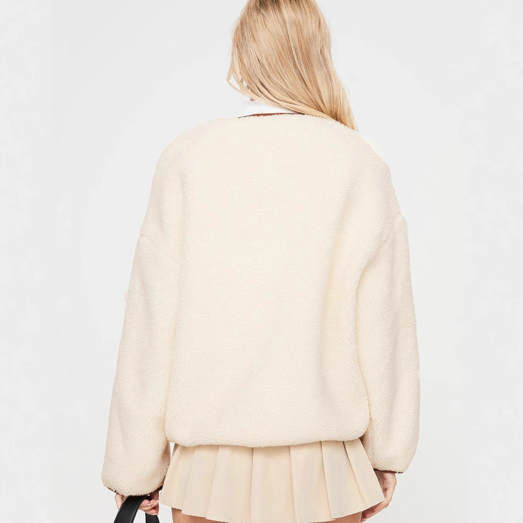 Women's Clothing autumn and winter thick plush leather button round neck long sleeve short style fashionable temperament coat_voghion.com