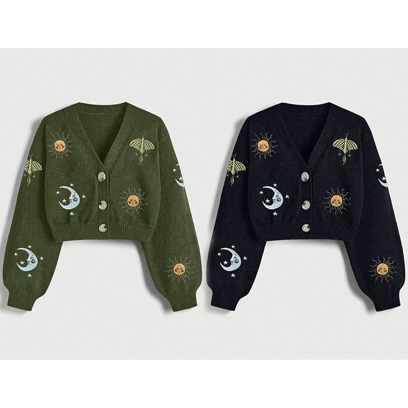 New Women's Embroidered Button Knitted Cardigan Sweater Sun and Moon Pattern Lantern Sleeve V Neck Cardigan Top