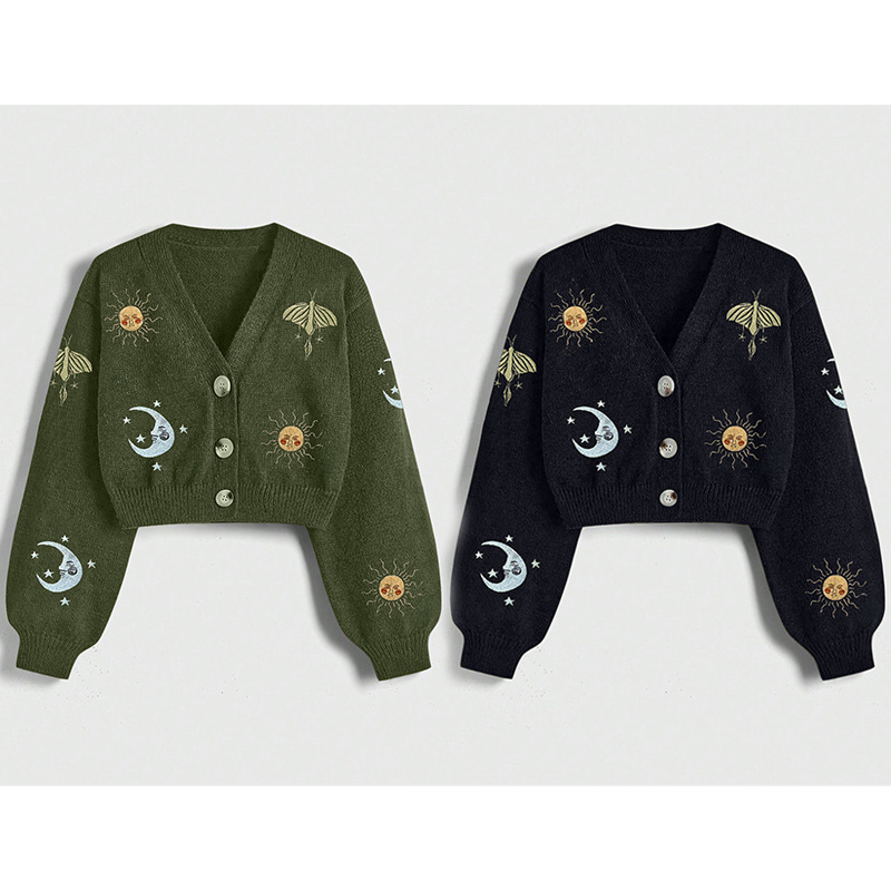 New Women's Embroidered Button Knitted Cardigan Sweater Sun and Moon Pattern Lantern Sleeve V Neck Cardigan Top