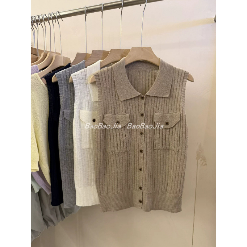 Korea! Old Money Style Polo Collar Vertical Striped Sleeveless Knit Top for Women 2026 Summer Unique Design Pocket Top Korea! Old Money Style Polo Collar Vertical Striped Sleeveless Knit Top for Women 2026 Summer Unique Design Pocket Top