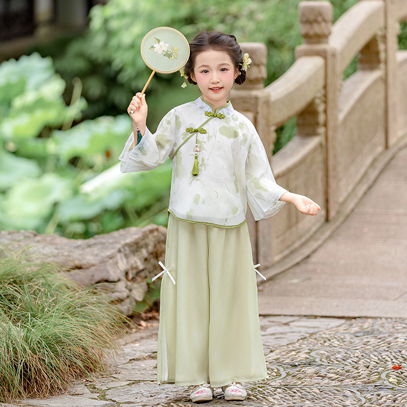 春秋女童小清新古装汉服套装2025国潮浅绿改良男童长袖唐装表演服|undefined