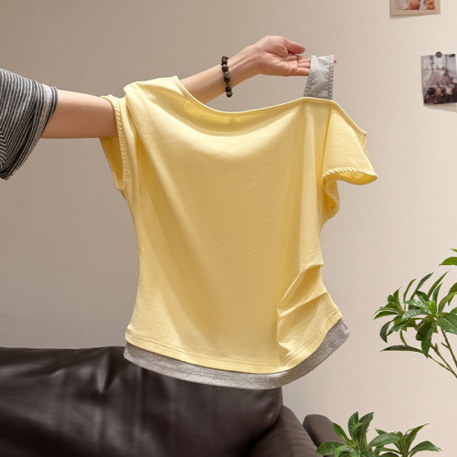 【40 Pieces Cool Cotton Ribbed 1x1 Blouse】Asymmetrical Off-the-Shoulder Two-Piece Top for Women 2025 Summer Crepe Shoulder-Strap