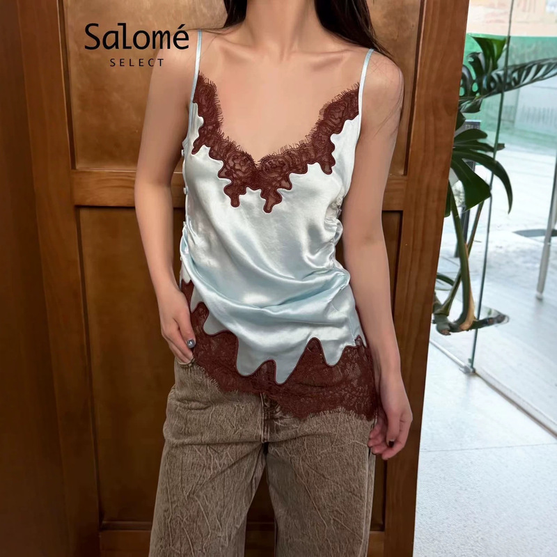 2026 Cross-Border Summer Sexy Camisole European and American Style Sleeveless Lace Patchwork Color-Blocking Tank Top