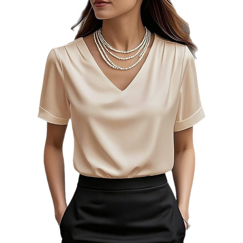 Satin-T-Shirt für Damen mit V-Ausschnitt – Elegante Kurzarmbluse für Frühling & Sommer | Weich & Glänzend (S-XXL, 7 Farben)_voghion.com