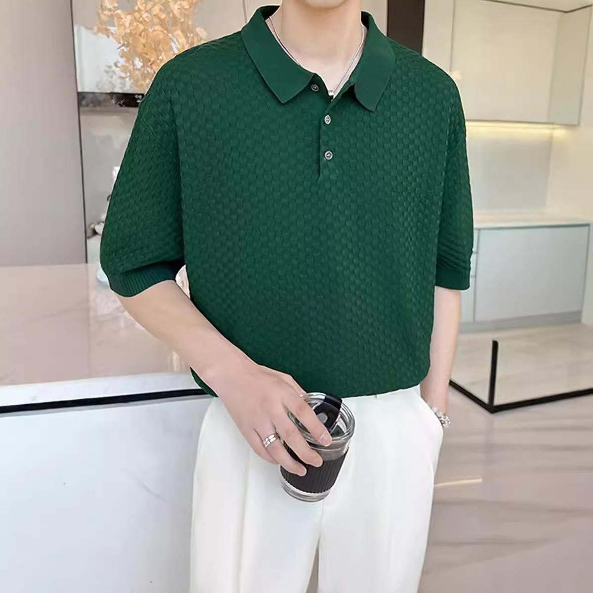 Verano 2024 nueva moda polo de manga corta camiseta nueva tendencia de punto a cuadros