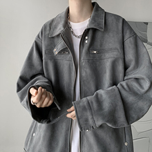 欧美高街hiphop外套男春秋设计感拉链麂皮绒夹克翻领美式休闲衣服