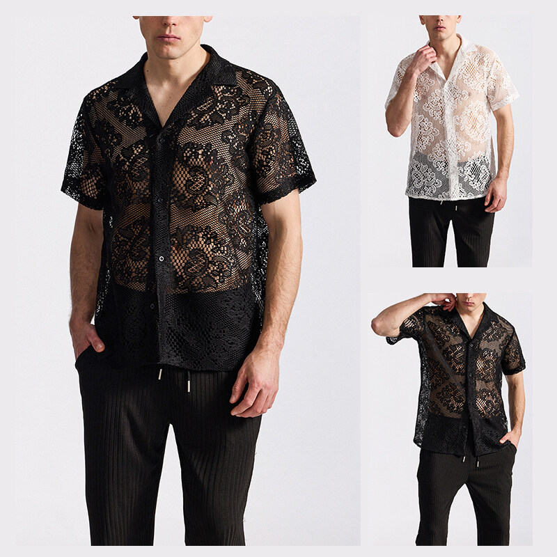 Cross-Border European and American Foreign Trade New Products Men's Fashion Hollow Lace Lapel Large Size Nightclub Style Short-Sleeved Shirt