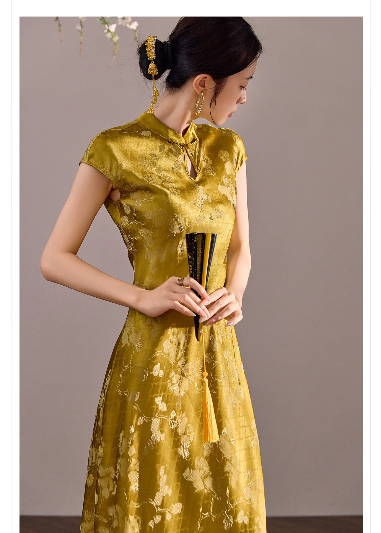 Váy suông midi không tay thêu họa tiết quốc phong cải tiến mùa hè — vàng, màu xanh bạc hà, Bột quế chi tiết 34
