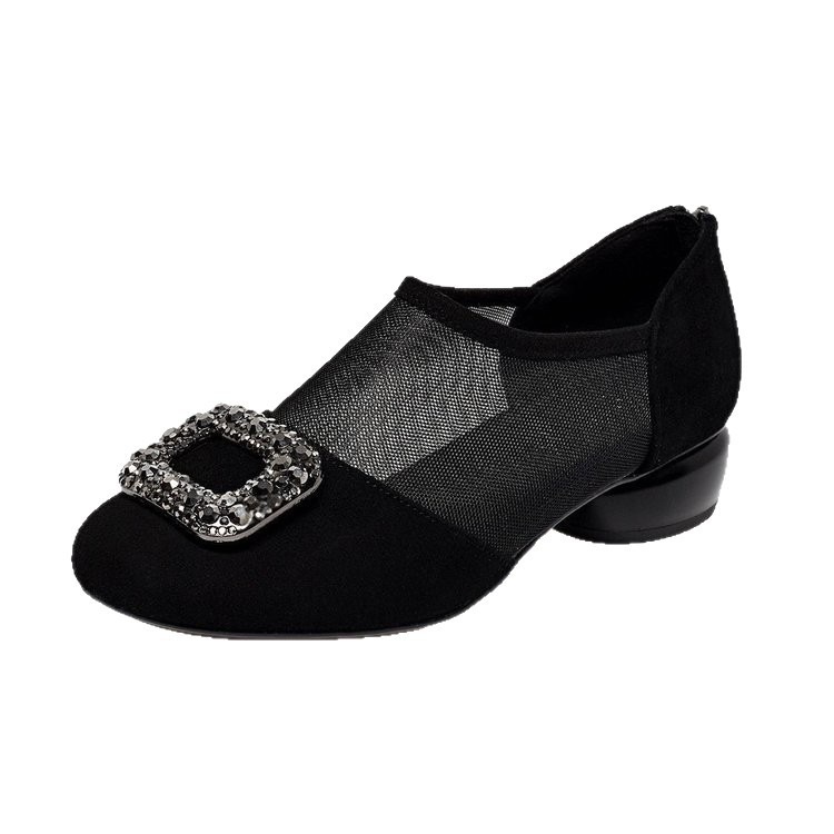 Explosiones de moda de malla de talón bajo zapatos de suela suave con cabeza redonda de diamante de cremallera trasera verano nuevo tipo de sandalias de talón transpirables para mujeres