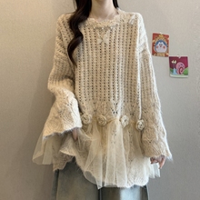 立体花朵长袖针织衫毛衣女春秋新大胖mm显瘦法式网拼衣打底裙上衣