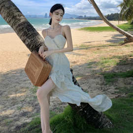 2024新款夏季气质仙女长裙立裁不规则层次感荷叶边性感吊带连衣裙