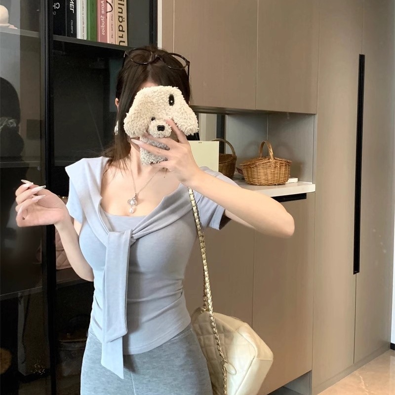 韩系紫色正肩短袖T恤女夏季设计感小众系带修身显瘦披肩上衣|undefined
