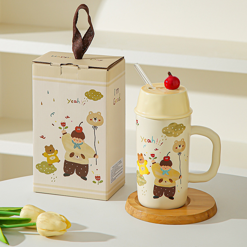 Caricatura creativa para niños y niñas tazas de cerámica con cubierta de paja para parejas tazas de agua taza de leche taza de desayuno regalo