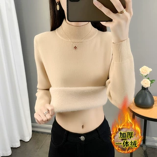 秋冬新款加绒保暖水貂绒冬季毛衣女打底衫加厚针织一体上衣女士