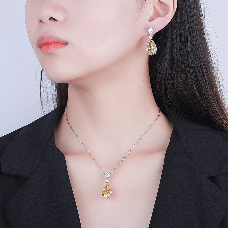 Zhuang Shengsheng Jewelry S925 todo el cuerpo plata con alto contenido de carbono diamante atardecer amarillo pendiente de gota de agua de alta calidad pendiente mujer 12*18
