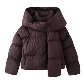 批发2025秋新品欧美风女装连帽带围巾可拆卸棉服棉衣  7142
