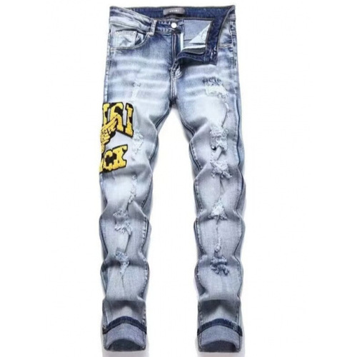 Fashionable and Personalized Casual New Slim Straight-Stitch Denim Jeans with Patchwork, Distressed and Embroidered Design for Men