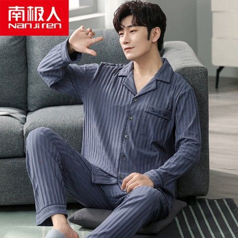 Pijamas de los hombres manga larga 100% algodón primavera, otoño e invierno algodón flojo más tamaño traje desgaste del hogar