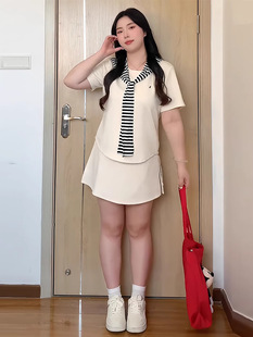 Plus Size Preppy Style Sportswear Suit for Women in Summer Slightly Fat mm Slimming Look Short-Sleeved T-Shirt Skirt Casual Two-Piece Set