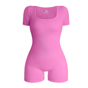 Fashionable Square Collar Elastic Tummy Control Short-Sleeved Jumpsuit European and American High-Waist Butt-Lifting Sports Fitness Jumpsuit for Women